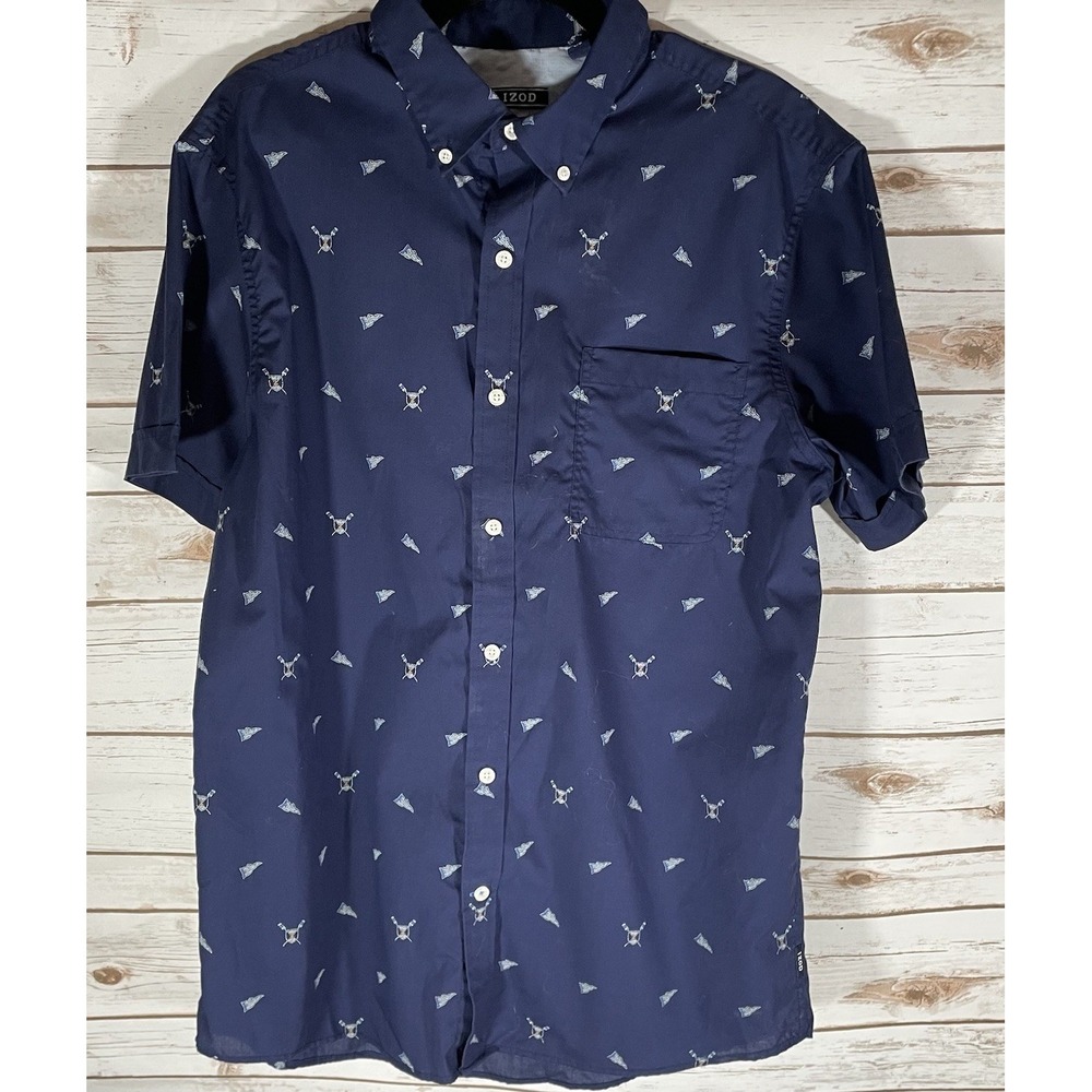 IZOD Short Sleeve Men's Button Down‎ Navy Blue Shirt Size Large